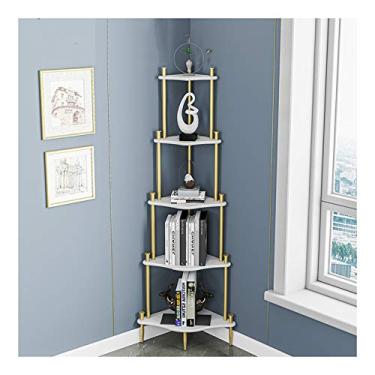 Imagem de KIZQYN Estante de 5 camadas de estante de canto moldura de metal e divisória de madeira suporte de flores de planta independente rack organizador de armazenamento multifuncional para sala de estar, casa, escritório estante (cor: ouro)