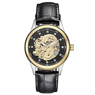 Imagem de Relógio mecânico totalmente automático masculino com mostrador com tema de dragão à prova d'água e relógio de pulso com personalidade luxuosa, Mostrador preto - cinto preto, Personalidade luxuosa