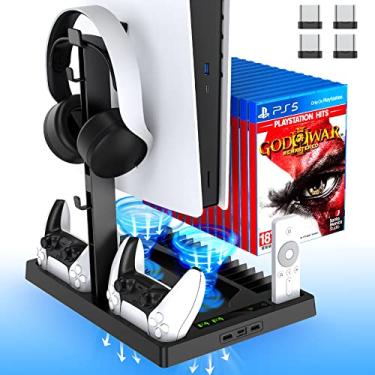 Imagem de Suporte vertical com ventoinha de resfriamento, acessórios BSOON PS5 para jogos PS5 e console Playstation 5, suporte de fone de ouvido integrado, carregadores de controle duplo, 15 compartimentos de disco de jogo e 1 organizador remoto de mídia