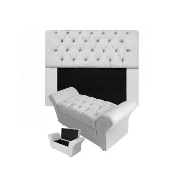 Imagem de Conjunto Cabeceira Mirage e Calçadeira Baú Veneza Solteiro 90 cm Suede Branco - LM DECOR