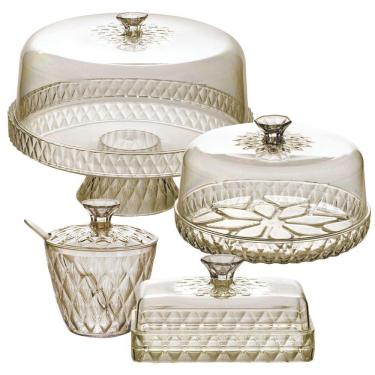 Imagem de Kit boleira com pé, queijeira, açucareiro e manteigueira de plástico Cristal âmbar Plasutil