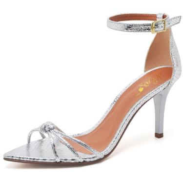 Imagem de Sandália Feminina Ellas Online Salto Médio Bico Folha Cristal Prata