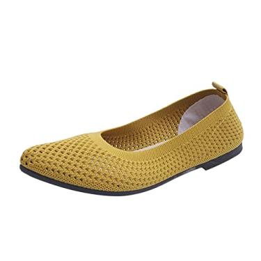 Imagem de Moda feminina cor sólida respirável tricô pontiagudo raso sapatos casuais sandálias femininas tamanho 9, Amarelo, 7.5