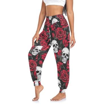 Imagem de CHIFIGNO Calça de moletom feminina de cintura alta para ioga harém calça atlética jogger calça leve, Rosas vermelhas com caveiras em preto, M