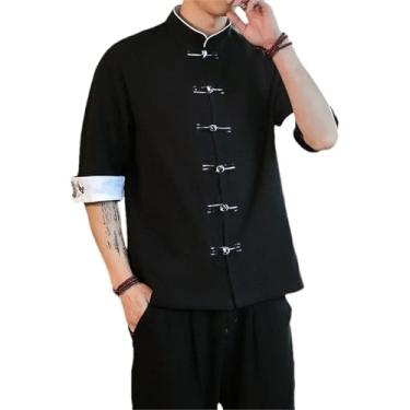 Imagem de Camiseta masculina vintage com bordado Summer Crane estilo tradicional chinês meia manga linho camisa Kungfu, Preto, GG