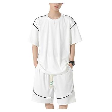 Imagem de Conjuntos masculinos curtos despojados com cordão na cintura, 2 peças, camisas polo com gola redonda, roupas esportivas, Branco, Medium