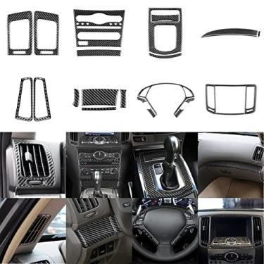 Imagem de NVCNX Conjunto de decalques de capa de acabamento interno de fibra de carbono real para saída de ar do carro painel de mudança de marchas com faixa copiloto para console de volante macio kit acessórios para Infiniti G37 2010-13 preto/vermelho 23 peças (preto)