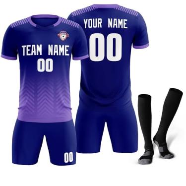 Imagem de Camiseta de futebol personalizada para homens, mulheres e crianças, camisetas e shorts de futebol personalizados com logotipo de número de nome, Azul marinho e roxo - 08, One Size