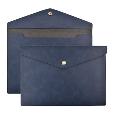 Imagem de VANRA 1 pasta de arquivo de couro PU A4 porta-documentos envelope impermeável portfólio organizador de arquivos para tamanho carta com fecho de botão de pressão (azul marinho)