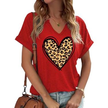 Imagem de Earlymemb Camiseta feminina com estampa de coração e decote em V para o dia dos namorados para casal, casual, de manga curta, para presente, A-vermelho-6, P