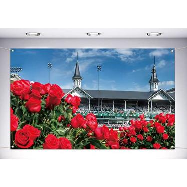 Imagem de Vohado Kentucky Derby Photo Booth Pano de fundo Churchill Downs Corrida de Cavalos Decoração de Festa Tema Rosas Fotografia Fundo Decoração de Parede-5,9 × 3,18 m