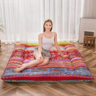Imagem de MAXYOYO Colchão de chão retrô boêmio vintage floral japonês futon cama de dormir engrossada colchão de acampamento portátil, espreguiçadeira, sofá-cama, colchão, tamanho casal