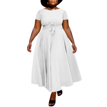 Imagem de WUSENST Vestidos formais plus size para mulheres curvilíneas manga 3/4 evasê, estampa rodada, bolsos maxi vestidos, Sy002-branco, GG