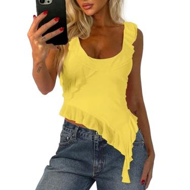 Imagem de Camiseta regata feminina Y2k sexy de malha cropped sem mangas frente única assimétrica com babados e babados, Amarelo, G