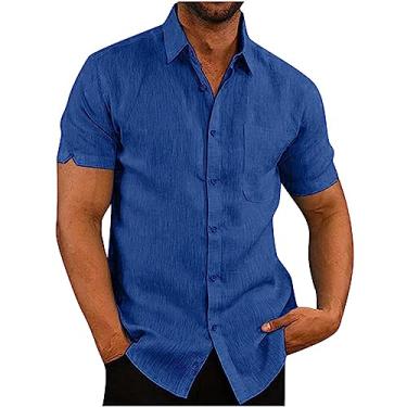 Imagem de Camisas de manga curta para homens verão outono gola alta linho férias básico blusas masculinas 2024 moda Y2K, O-367 azul-marinho, 3G