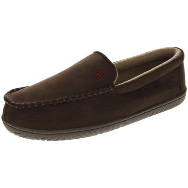 Imagem de IZOD Pantufa masculina clássica de dois tons de mocassin, chinelos quentes de inverno com espuma de memória, tamanho 8 a 13, Solid Brown, 9-10