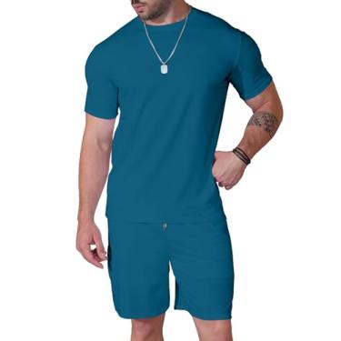 Imagem de Uni Clau Conjunto masculino de 2 peças, conjunto de shorts e camisa de manga curta, roupa casual de verão para homens, Jeans azul, GG