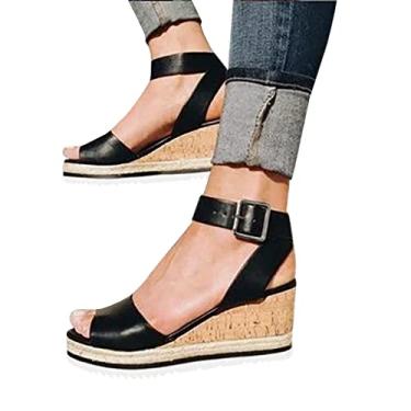 Imagem de HOSTINGG Sandálias femininas plataforma plataforma feminina espadrilles wedges peep toe fivela no tornozelo sandália plataforma impermeável, Preto, 6.5