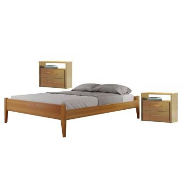 Imagem de Conjunto Quarto de Casal Cama em Madeira Maciça com 2 Mesas de Cabeceira 2 Gavetas e 1 Nicho Unique Amêndoa Mel