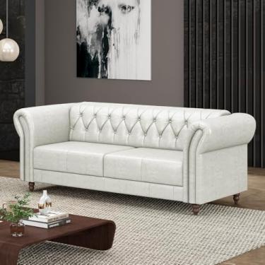 Imagem de Sofá Living Sala de Estar Stanford Chesterfield 2 Lugares 220cm Pés de Madeira Couro Branco Manchado G58 - Gran Belo
