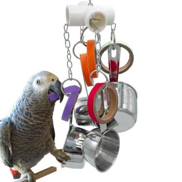 Imagem de GILYGI Potes de papagaios de pássaros duráveis e brinquedos de bagel, copo de aço inoxidável e anel de papelão brinquedos para Amazons Mini araras cinza africano cacatuas Eclectus