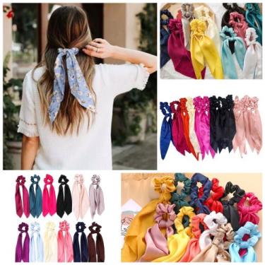 Imagem de Kit 10 Laços Longo De Cabelo Liso Rabicó Cetim Estilo Lenço Scrunchie 