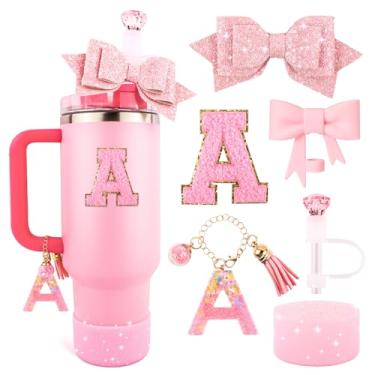 Imagem de Conjunto de acessórios de copo rosa para Stanley 850 g e copo de 1,134 g com alça, pingentes de letras, capas de canudo de arco e diamante, bota de silicone com glitter, adesivo personalizado para