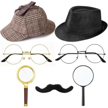 Imagem de Jeyiour 8 peças de acessórios de fantasia de detetive para adultos, kit de chapéu de detetive para mulheres, homens, roupa de Halloween, cosplay, decoração de festa