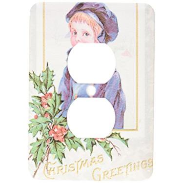 Imagem de 3dRose LLC lsp_149611_6 Cartão de Natal Vintage Menino em Azul Emoldurado com Folhas de Azevinho e Bagas em Fundo Azul 2 Tomadas