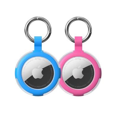 Imagem de Compatível com porta-chaves AirTag, à prova d'água IPX8, capas AirTags de silicone com chaveiro, acessórios para localizadores de itens GPS da Apple (azul/rosa)