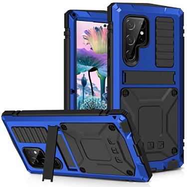 Imagem de Simicoo Capa de silicone para Samsung S23 Ultra Metal Bumper Samsung S23 Ultra com suporte protetor de tela integrado Gorilla Glass híbrido militar à prova de choque resistente resistente capa completa ao ar livre (azul)