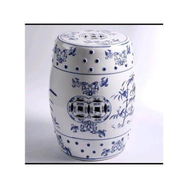 Imagem de Banco Porcelana Garden Seat Branco Detalhes Azul Formosa - LUXdécor Ca