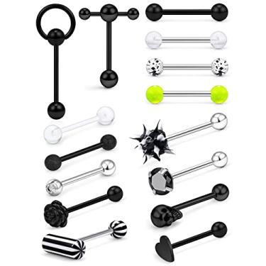 Imagem de Prjndjw Anéis de língua de aço cirúrgico 14G para mulheres e homens Teaser barra dupla com anel escravo crânio/flor/bola de espiga macia de silicone/CZ/aldrava de porta/pílula, piercing de língua