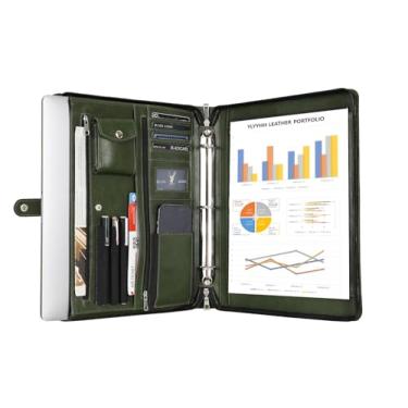 Imagem de Pasta de couro verde para mulheres/homens, fichário de couro executivo com 3 anéis, fichário de couro personalizado, organizador de portfólio com zíper para bloco de notas A4 e laptop/tablet de 13