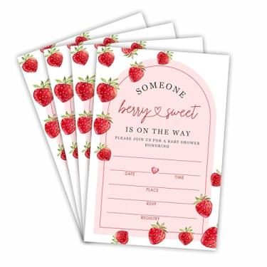 Imagem de Convites de chá de bebê Berry & Sweet com envelopes, morango e arco rosa, 25 convites de preenchimento dupla face para festa de chá de bebê, revelação de gênero, anúncio de bebê, lembrancinha de festa