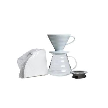 Imagem de Conjunto de kit de copos Hario V60 – vem com gotejador de cerâmica, vaso de vidro de servidor, colher de medição e pacote com 100 unidades de filtros de café Hario 02W