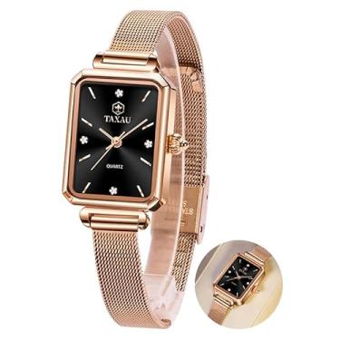 Imagem de Taxau Relógio feminino casual, pulseira de malha em tom de ouro rosa, aço inoxidável, quadrado, relógio de pulso feminino de quartzo analógico de moda para negócios, Pulseira A4 com rosto preto + ouro