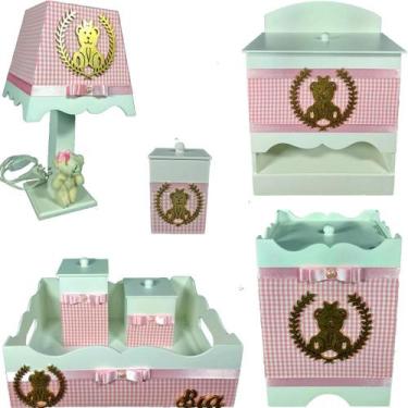Imagem de Kit Higiene bebê Mdf menina 7 pçs - ROSA XADREX DE URSINHA - Flores pa