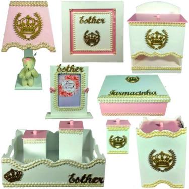 Imagem de Kit farmacinha Higiene bebê Mdf 10 peças -  BRANCO E ROSA COM PEROLAS 