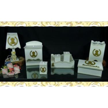 Imagem de Kit Higiene bebê Mdf decorado 8 pçs - BRANCO COM PÉROLAS DE URSINHA - 