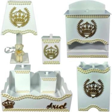 Imagem de Kit Higiene bebê Mdf unissex 7 pçs - BRANCO COM PEROLAS DE COROA - Flo