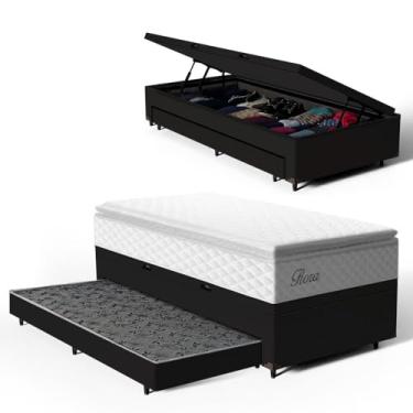 Imagem de Bicama Box Baú Solteiro com Colchão de Molas Ensacadas Pillow Top Flora + Auxiliar Unique 88cm (Preto)