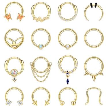 Imagem de LOYALLOOK 16 peças de anéis de septo de 16 g para mulheres e homens com pingente de aço cirúrgico joias septo clicker ferradura piercing nariz argola articulada segmento daith hélice tragus cartilagem