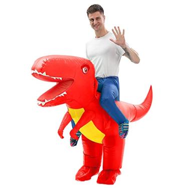 Imagem de Fantasia de dinossauro adulto divertida inflável, passeio de Halloween em cabeça grande, fantasia inflável T-Rex (vermelha)