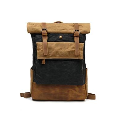 Imagem de Bolsa de viagem de grande capacidade para homens Mochila de lona encerada para homens Mochila masculina vintage Mochila de couro genuíno(Black)