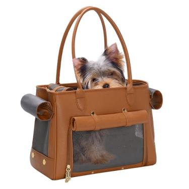 Imagem de Minsong Bolsa De Transporte Para Animais De Estimação Da Moda Para Cães E Gatos Pequenos, Bolsa De Luxo De Pu Com Laterais Macias E Bolsos Grandes Para Cães E Filhotes (Marrom, 15,8 C X 7,5 L X 11,8