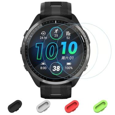 Imagem de Macolink Pacote com 3 protetores de tela compatíveis com smartwatch Garmin Forerunner 965 + plugues de silicone antipoeira, vidro temperado antiarranhões, sem bolhas