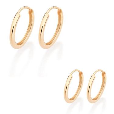 Imagem de Brincos de Argola Rommanel Kit Redondo Liso Banhado a Ouro 18K Joia Ve
