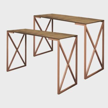 Imagem de Kit 02 Mesa Escrivaninha Escritório e Home Office X Zurik X Industrial Ferro Bronze Tampo mdf Caramelo - Ahz Móveis