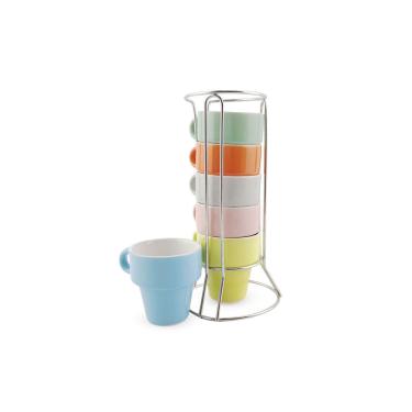 Imagem de Conjunto 6 Xícaras p/ Chá e Café 50ML Empilhável Colorida Com Suporte em Metal Torre de Canecas